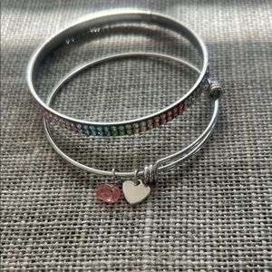 Silver and Pink Heart Charm Bangle Set
